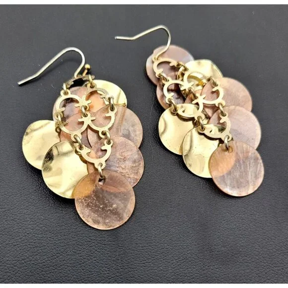 Metal & Mother of Pearl Disc Chandelier Earrings Goldtone Metal Hook Back 2" - Picture 5 of 5